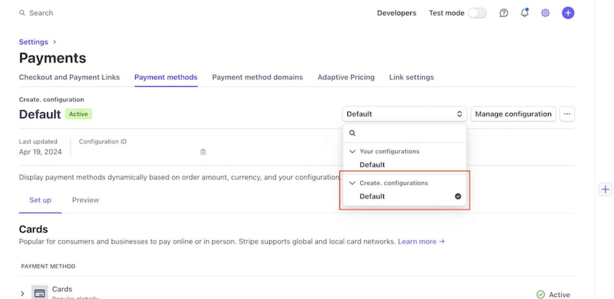 Stripe Config Selection